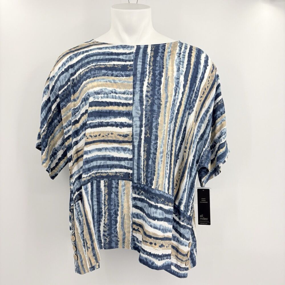 Ali Miles Striped Tunic Top Blouse Womens Size 2X Linen Artsy Lagenlook Lagom